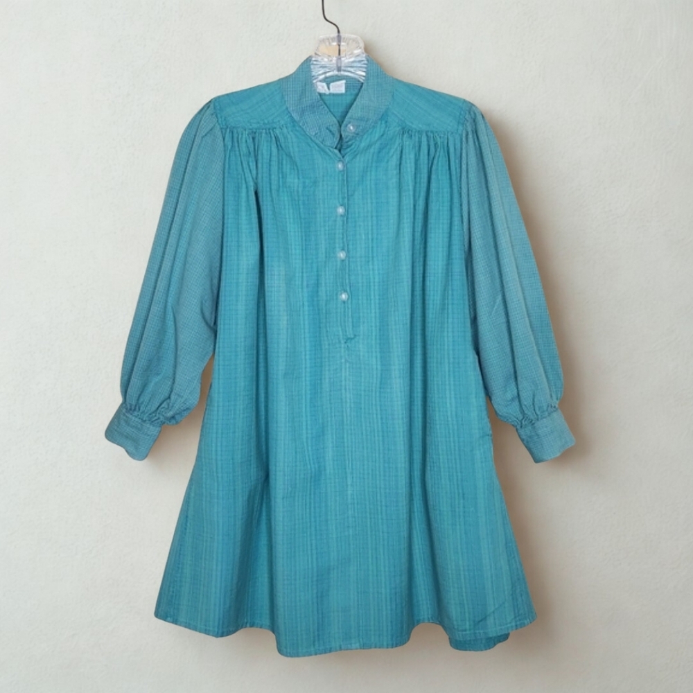Vintage Bamberger's Teal Blue Tunic Shirt Dress Mini Pleated Long Sleeve